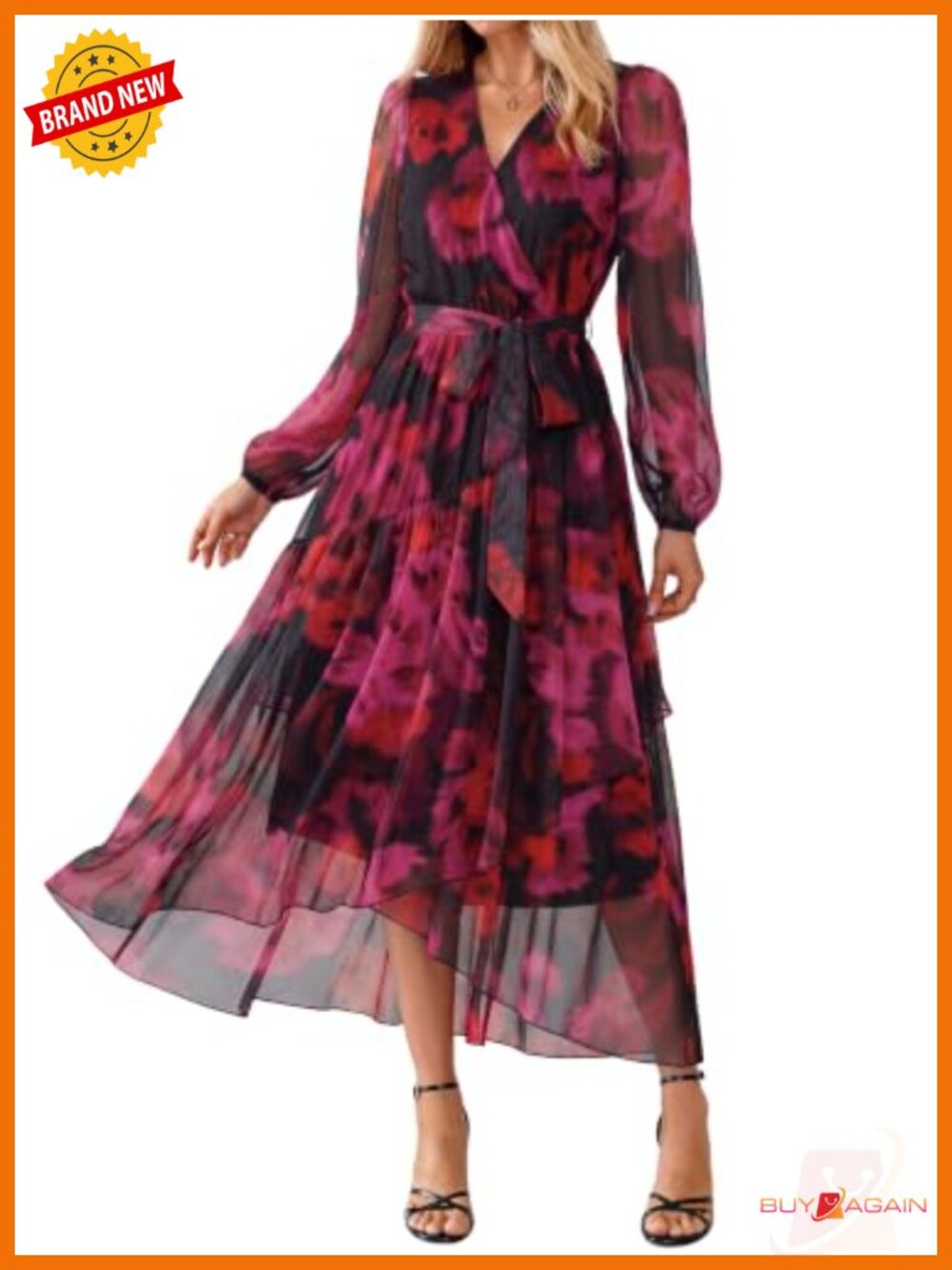 Women's Floral Mesh Long Sleeve Maxi Dress V-Neck High Low Ruffle Hem Wedding